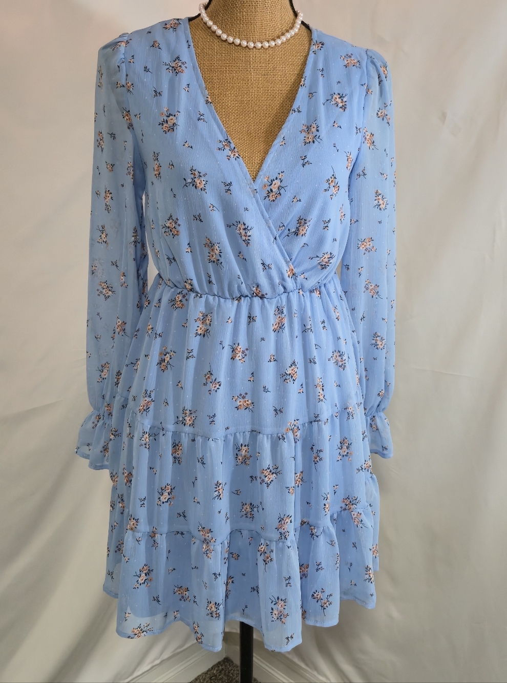 Inspired Hearts Sky Blue Floral Wrap Tiered Dress
